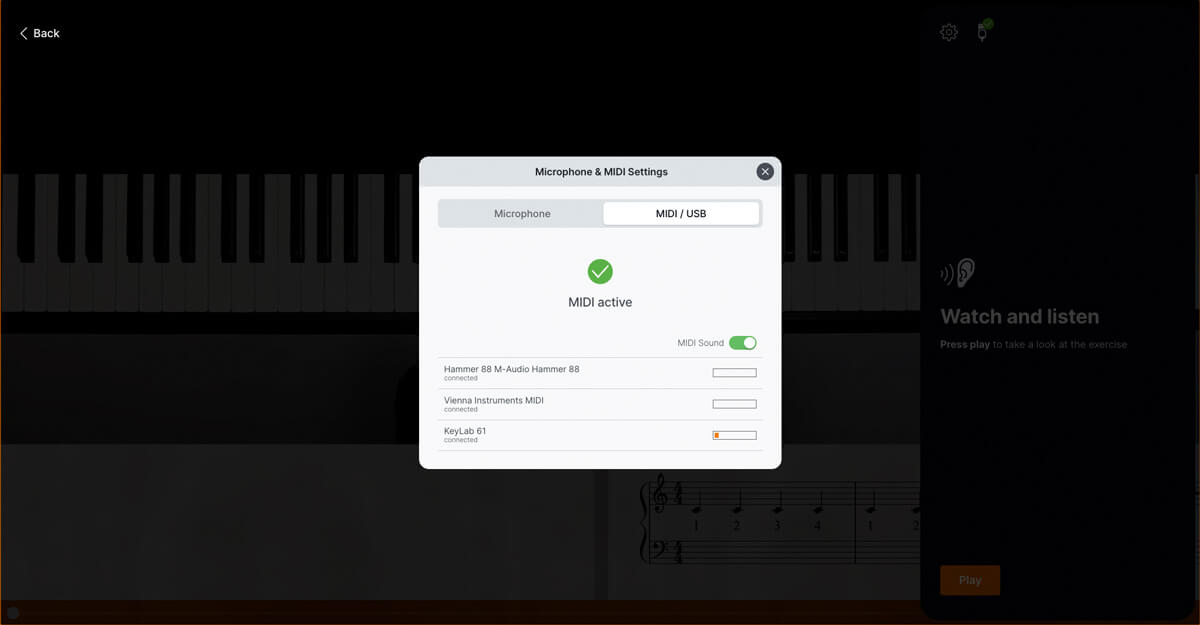 Flowkey keyboard and sound settings