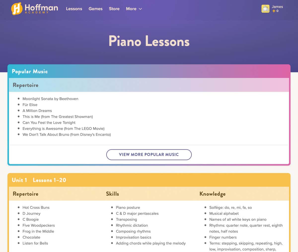 Hoffman Academy piano lessons page