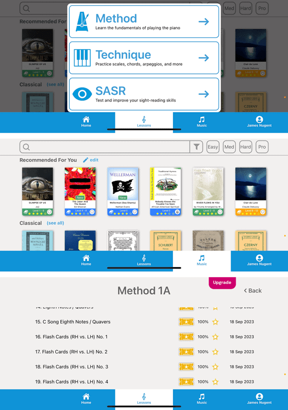 Piano Marvel mobile interface screenshots