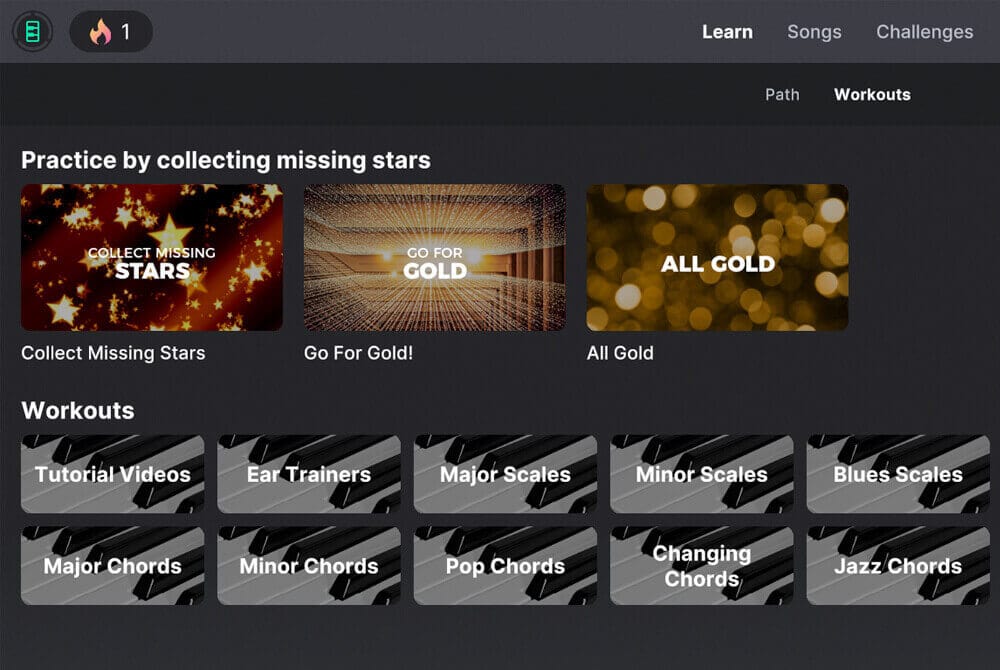 Yousician Piano interface - Learn - Workouts