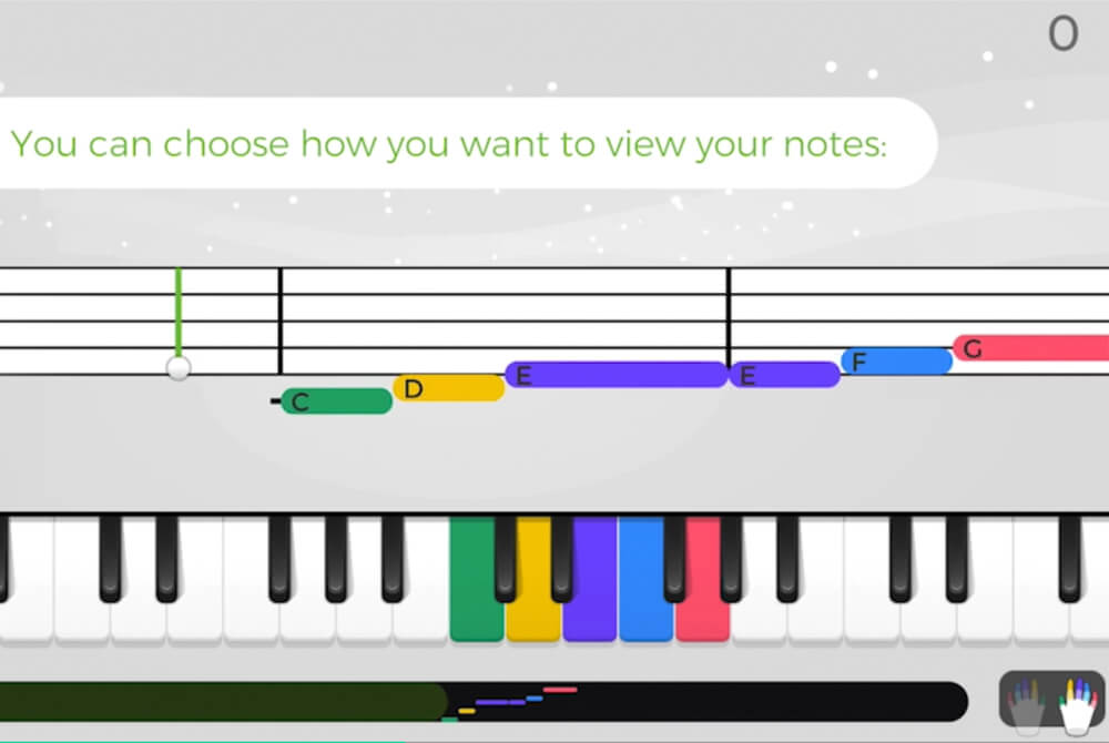 Yousician Piano - notation with color-coded assistance