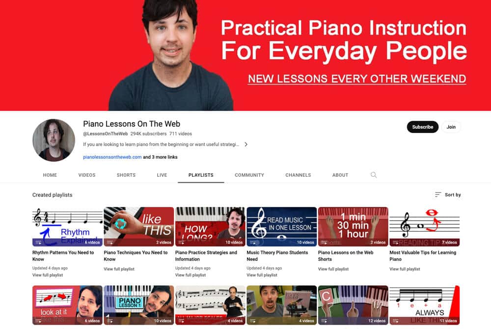 Piano Lessons On The Web YouTube channel screenshot